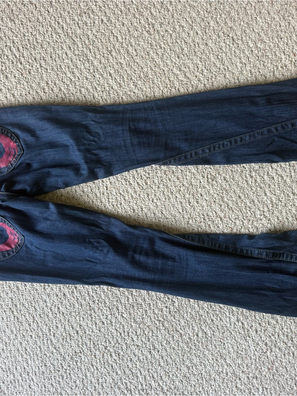 True Religion Dark Blue Bootcut Jeans with Pink Back Pocket Accent